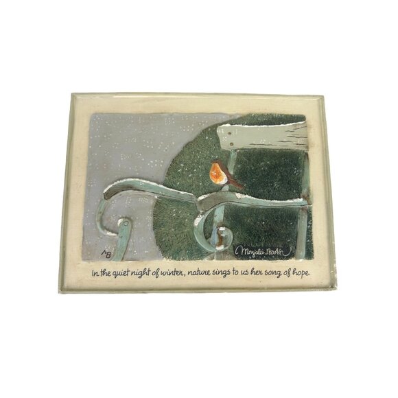 VTG Marjolein Bastin Easeled Heavy Art Plaque Bird Winter Bench Song of Hope NEW - Picture 2 of 8